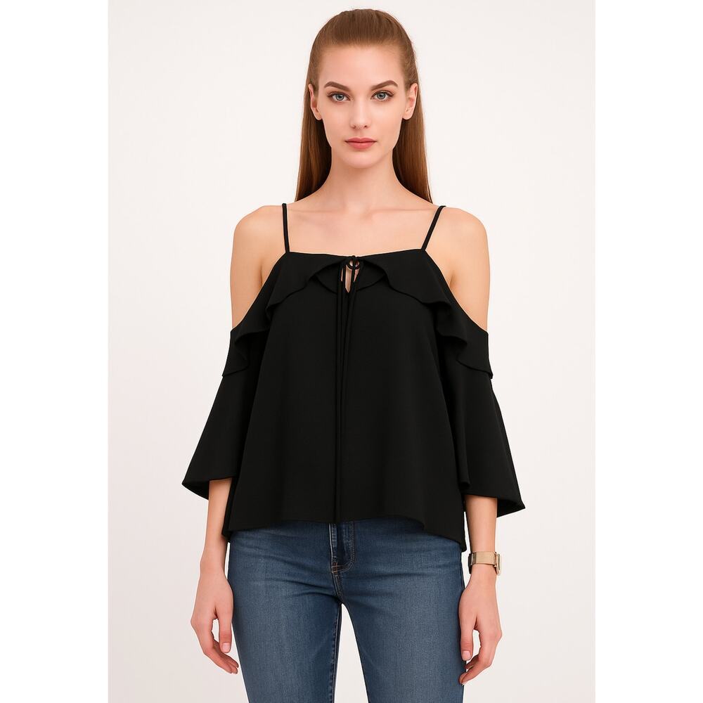 Romeo & Juliet Couture Small Ruffled Cold Shoulder Cami Black Adjustable Strap